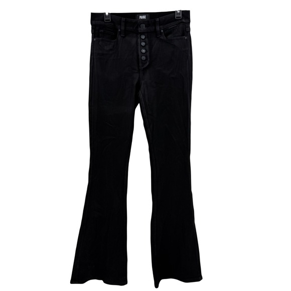 PAIGE High Rise Lou Lou Flare‎ Jeans Black Fog Button Fly Waxed Coated Denim 29